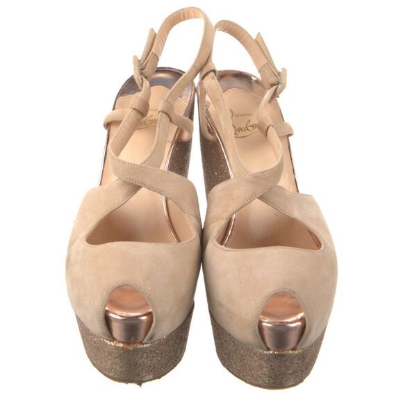 CHRISTIAN LOUBOUTIN Beige Suede Glitter Platform Wedge Sandals Size IT 36/US 6 - Picture 2 of 5